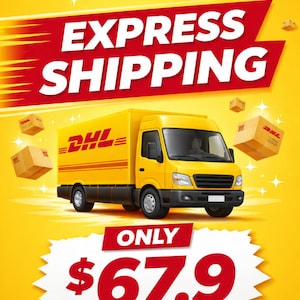 Puede incluir: Camión de reparto DHL amarillo con el texto "EXPRESS SHIPPING" sobre un fondo amarillo. Varias cajas de cartón flotan alrededor del camión. El logotipo de DHL es visible en el camión y las cajas.