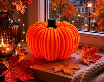 Op de afbeelding: Een feloranje pompoendecoratie met een geribbeld, gesegmenteerd ontwerp en een stevige zwarte steel. De pompoen staat bij een raam met herfstbladeren, een glazen vaas en een brandende kaars, wat zorgt voor een sfeervol seizoensgebonden decor.