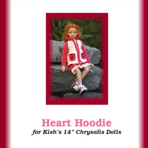 May include: A red and white knitted hoodie with a heart design for a 14 inch doll. The doll is wearing the hoodie and sitting on rocks. The text on the image reads "Heart Hoodie for Kish's 14" Chrysalis Dolls Pattern created by Becky Colvin © 2012".