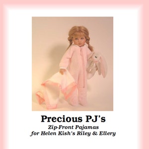 Può includere: Un modello di pigiama rosa con zip per una bambola, con una bambola che indossa il pigiama e tiene un coniglietto bianco. Il modello è intitolato "Precious PJ's Zip-Front Pajamas for Helen Kish's Riley & Ellery" e viene accreditato a Becky Colvin © 2008.