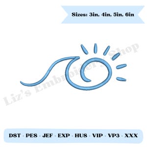 May include: A light blue embroidered design featuring a stylized sun and wave. The text "Sizes: 3in, 4in, 5in, 6in" is above the design. Below the design are the file types: DST, PES, JEF, EXP, HUS, VIP, VP3, and XXX.