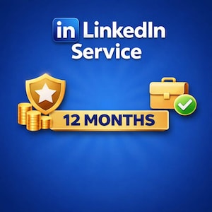 以下が含まれることがあります： 「in LinkedIn Service」の文字と、白い星の付いた金の盾、金のコインの山、そして「12ヶ月」と書かれた金のバナーが描かれたグラフィック。チェックマークの付いたブリーフケースも表示されています。