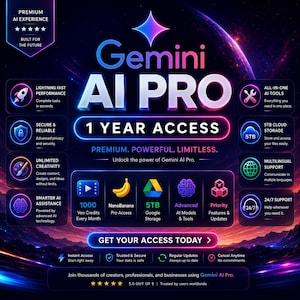 Gemini AI Pro 1 Year Access | Advanced AI Tools | 5TB Cloud Storage | Premium AI Subscription | Digital Delivery