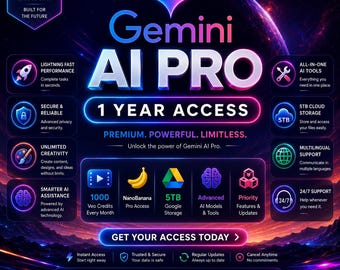 Gemini AI Pro 1 Year Access | Advanced AI Tools | 5TB Cloud Storage | Premium AI Subscription | Digital Delivery
