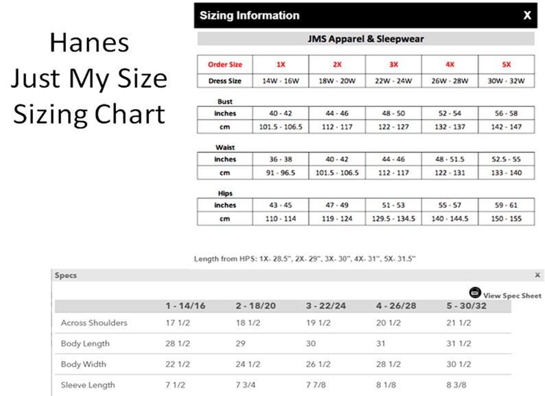May include: Sizing chart for Hanes Just My Size apparel, showing measurements in inches and centimeters for bust, waist, and hips. The chart includes sizes 1X, 2X, 3X, 4X, and 5X.  A separate table shows measurements for across shoulders, body length, body width, and sleeve length in inches for sizes 1-14/16, 2-18/20, 3-22/24, 4-26/28, and 5-30/32.