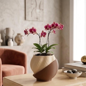 Op de afbeelding: Een orchidee in een pot met levendige magenta en wit gespikkelde bloemen en groene bladeren. De plant staat in een tweekleurige keramische pot met een crèmekleurig geribbeld bovendeel en een gladde, donkerbruine gebogen basis.