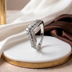 Princess Wishbone Ring, Rhinestone Crown Design, Silver Hand-Finished Jewellery.