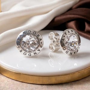 Radiant Logo Stud Earrings, Selenite Stone Sterling Silver Round Earrings for Her.