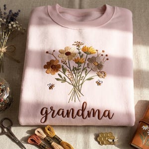 May include: A light pink sweatshirt embroidered with a floral bouquet in shades of brown, yellow, and cream, with two small bee designs. The word "grandma" is embroidered in a brown script font.