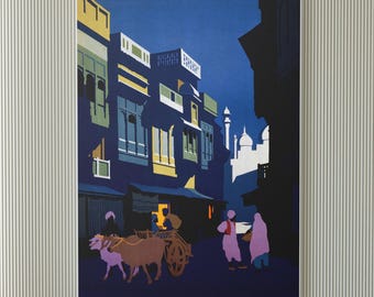Reisposter India Street bij Moonlight | Reproductie van reiskunst uit de jaren 1930 | Cadeau India-liefhebber | Home Wanddecoratie | Cadeau voor reisfanaat