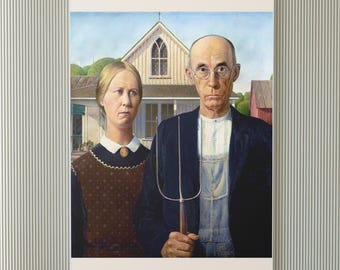 Grant Wood - Amerikaanse gotiek - 1930 - Beroemde schilderijen - Vintage kunstposter - Klassieke print - A4 A3 A2 - Muurdecoratie huis - Schone kunsten