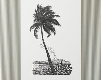 Tropische zwart-witposter met palmbomen en bloemen - poster voor slaapkamer/keuken/woonkamer/kantoorruimte - vintage kunstposter