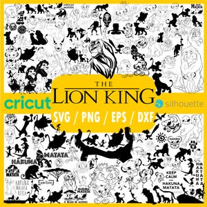 May include: A collection of black and white Lion King-themed digital cut files. The image features various characters and phrases from the movie, including Simba, Timon, Pumbaa, and the words "Hakuna Matata". The text "The Lion King" is displayed in yellow.
