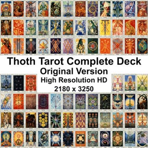 May include: A complete Thoth Tarot deck, original version, with high-resolution HD images. The cards feature colorful illustrations with various symbols and figures. The text "Thoth Tarot Complete Deck Original Version High Resolution HD 2180 x 3250" is displayed.