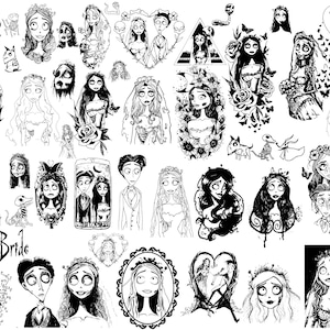Può includere: Una collezione di illustrazioni a tratto in bianco e nero con personaggi di Corpse Bride, tra cui la sposa e lo sposo in varie pose, composizioni floreali, farfalle e figure scheletriche, con il testo Corpse Bride incluso nell'immagine.