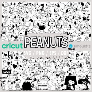May include: Black and white digital art featuring numerous Snoopy illustrations in various poses. The word "PEANUTS" is prominently displayed, along with "CRICUT" and file type options. A collection of Snoopy-themed graphics for crafting projects.