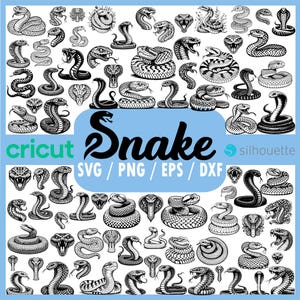Op de afbeelding: Zwart-wit illustraties van slangen in verschillende poses. Het woord "Snake" staat groot afgebeeld, met "SVG / PNG / EPS / DXF" eronder. De woorden "cricut" en "silhouette" zijn ook aanwezig.