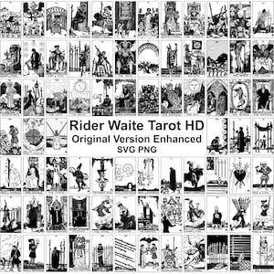 May include: A collection of Rider Waite Tarot HD cards in black and white, featuring detailed illustrations of various figures and symbols. The text "Rider Waite Tarot HD Original Version Enhanced SVG PNG" is displayed. Each card depicts unique scenes and characters.