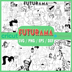 May include: Black and white line art of Futurama characters and logos. The image includes characters like Fry, Leela, and Bender, along with the show's logo and phrases like "Fake News Everyone!" and "Planet Express."