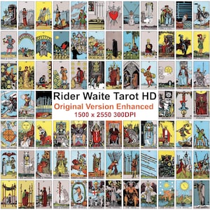May include: A full deck of Rider Waite Tarot cards, featuring colorful illustrations and the text "Rider Waite Tarot HD Original Version Enhanced 1500 x 2550 300DPI". Each card displays unique imagery and titles.