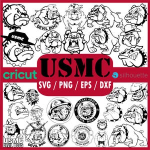 Puede incluir: Una colección de ilustraciones de bulldogs en blanco y negro, algunos con sombreros y equipo militar. La palabra "USMC" se muestra prominentemente en rojo, junto con "SVG / PNG / EPS / DXF". Ideal para proyectos de diseño digital.