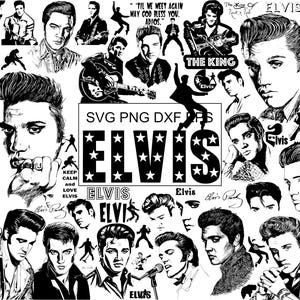 May include: A black and white digital collage featuring numerous illustrations of Elvis Presley in various poses, including portraits, silhouettes, and performing with a guitar. The text includes "ELVIS", "THE KING", and "'TIL WE MEET AGAIN MAY GOD BLESS YOU. ADIOS."