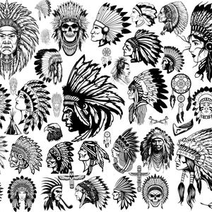 Könnte beinhalten: Eine Sammlung von Schwarz-Weiß-Illustrationen mit indianischen Kopfbedeckungen, Porträts und kulturellen Symbolen. Die Bilder variieren im Stil, einschließlich detaillierter Porträts, Profile und dekorativer Elemente wie Federn und Traumfänger.