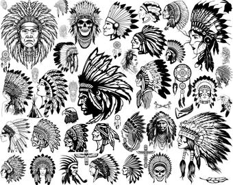 48 SVG Native American Headdress Mega Bundle | Tribal Chief Portraits, Feather Headdresses & Indigenous Art | Svg Dxf Eps Png