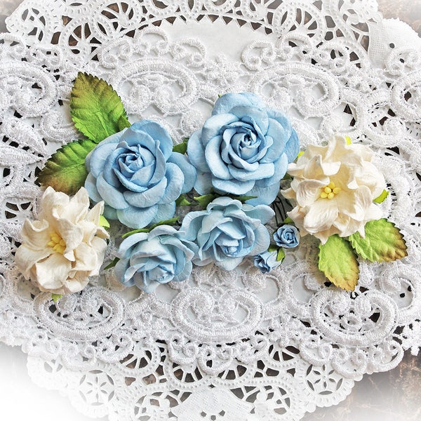 Reneabouquets  Roses, Gardenias And Leaves Flower Set-Mulberry Paper Flowers - Dusty Blue  Set Of 12 Pieces In Organza  Bag