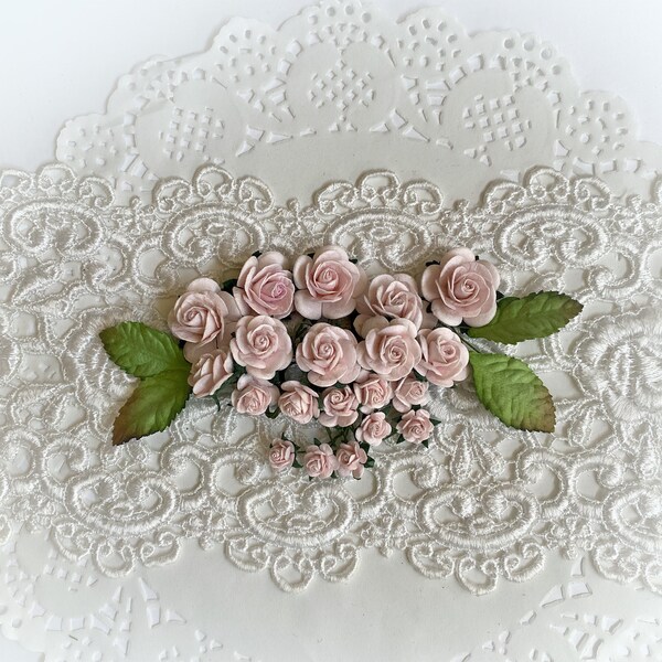 Reneabouquets Mini Roses And Leaves Flower Set-Mulberry Paper Flowers  - Whisper Pink Set Of 24 Pieces In Organza  Bag
