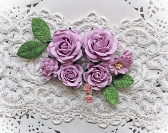 Reneabouquets Roses And Leaves Flower Set-Mulberry Paper Flowers- Lavender Set Of 13 Pieces In Organza Storage Bag