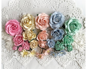 Reneabouquets Roses And Leaves Flower Set-Mulberry Paper Flowers- Sweet Shop Set Of 29 Pieces In Organza Storage Bag