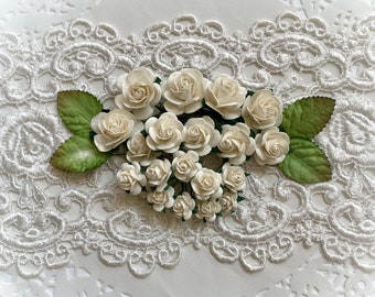 Reneabouquets Mini Roses And Leaves Flower Set-Mulberry Paper Flowers  - Soft Ivory Set Of 24 Pieces In Organza  Bag