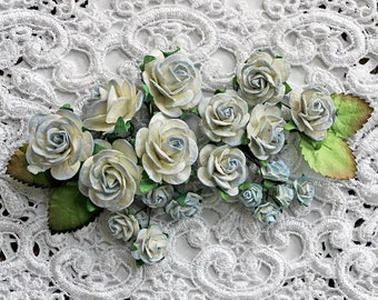 Reneabouquets Mini Roses And Leaves Flower Set-Mulberry Paper Flowers  - Dusty Blue & Ivory  Set Of 24 Pieces In Organza  Bag