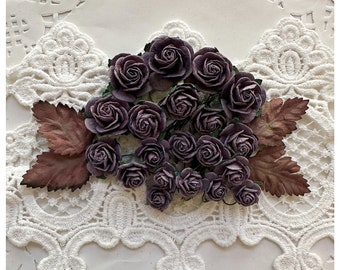 Reneabouquets Mini Roses And Leaves Flower Set-Mulberry Paper Flowers  - Fall Mix Vintage Purple Set Of 24 Pieces In Organza  Bag