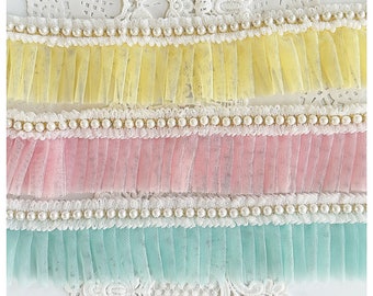 Reneabouquets Trim- Sweet Shop Collection Pearl Trimmed Tulle 2 1/2 Inch Wide Lace Trim In Pink, Teal, And Yellow For Crafts, Sewing, Cards