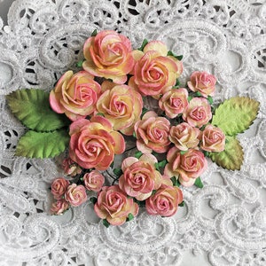 Reneabouquets Mini Roses And Leaves Flower Set-Mulberry Paper Flowers  - Pink Lemonade Set Of 24 Pieces In Organza  Bag