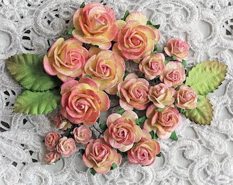 Reneabouquets Mini Roses And Leaves Flower Set-Mulberry Paper Flowers  - Pink Lemonade Set Of 24 Pieces In Organza  Bag