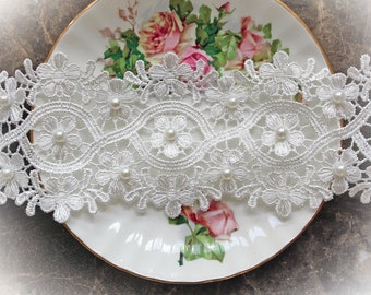 Reneabouquets Trim- 3 1/4 Inch Wide Garden Party ~ Junie's Blossoms Lace In White By The Yard For Crafts, Home, Wedding, Doll Making, Sewing