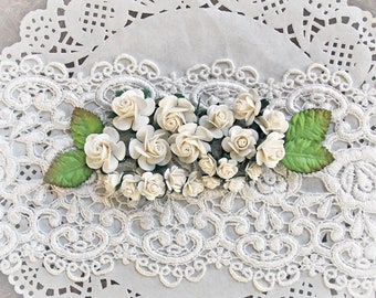 Reneabouquets Mini Roses And Leaves Flower Set-Mulberry Paper Flowers  - White Set Of 24 Pieces In Organza  Bag