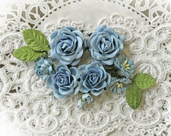 Reneabouquets Roses And Leaves Flower Set-Mulberry Paper Flowers - Dusty Blue Set Of 13 Pieces In Organza Storage Bag For Crafts, Cards