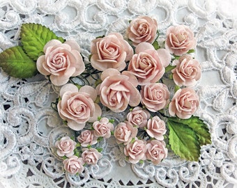 Reneabouquets Mini Roses And Leaves Flower Set-Mulberry Paper Flowers  - Dusty Pink Set Of 24 Pieces In Organza  Bag