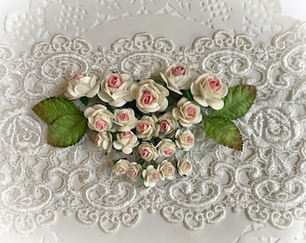 Reneabouquets Mini Roses And Leaves Flower Set-Mulberry Paper Flowers  - Pink And White Set Of 24 Pieces In Organza  Bag