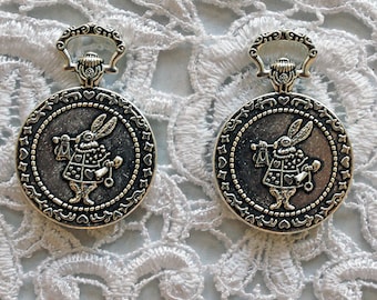 Reneabouquets Trinkets 2 Pack~ Metal White Rabbit In Wonderland Pocket Watch Cabochon Set In Tarnished Silver -Scrapbook,Jewelry Charm