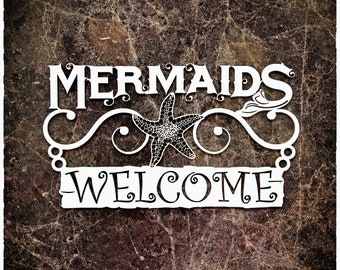 Reneabouquets Beautiful Board Mermaids Welcome Sign Laser Cut Chipboard Double Side Vintage White Coated In Size Large Or Small