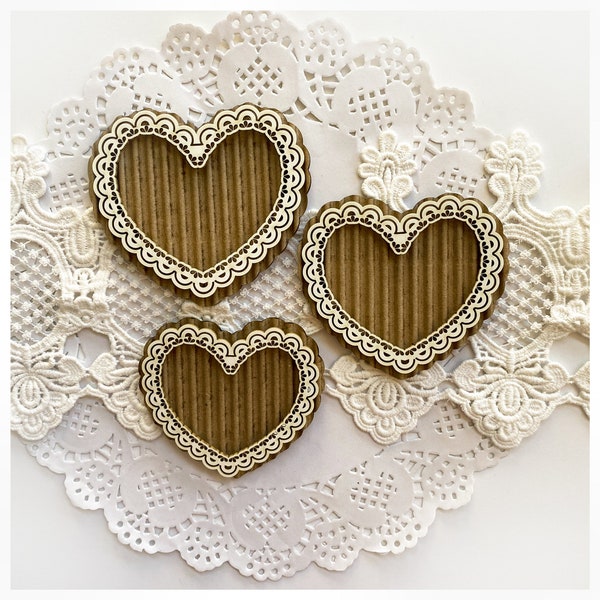 Reneabouquets Beautiful Board Lacy Hearts Laser Cut Chipboard With Corrugated Board Base Layer 6 Piece Set
