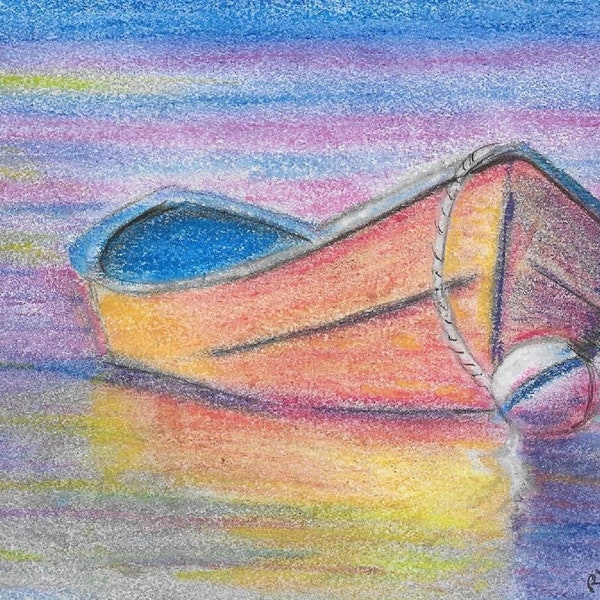 Solitude Pastel Print by Rhema Cruson Rhemasartworld Boat Dingy Sunset Sunrise Rainbow Ocean Sea Lake Twilight Shimmer Yellow Blue Buoy Calm