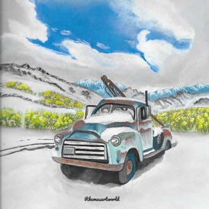 Retired Miner Matted Gouache Print 1950 Miner Truck Snow Mountains Clouds Sky Sunshine Sage Rabbitbrush Desert Winter Blue Country Stormy