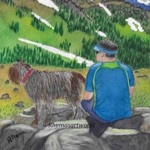 Stampa acquerello del migliore amico dell'uomo di Rhema Cruson, Rhemasartworld Montagne Neve Estate Primavera Amici Carson Pass Bellezza Nuvole Cielo Colline