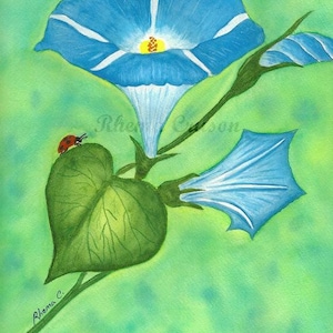 Heavenly Blue Morning Glory Matted Watercolor Print by Rhema Cruson, Rhemasartworld Ladybug Blue Green Flower Leaf Leaves Stem Painting